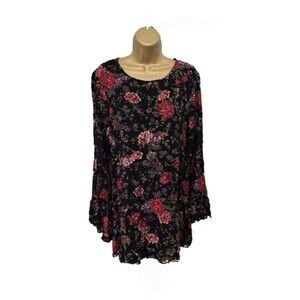 Forever 21 Dark Floral Rose Top L Red Black Long Sleeve Open Back Y2K Vintage